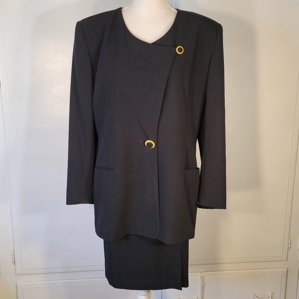Vintage Black Blazer & Skirt Size 14 Designer Buttons High Quality Classic Suit